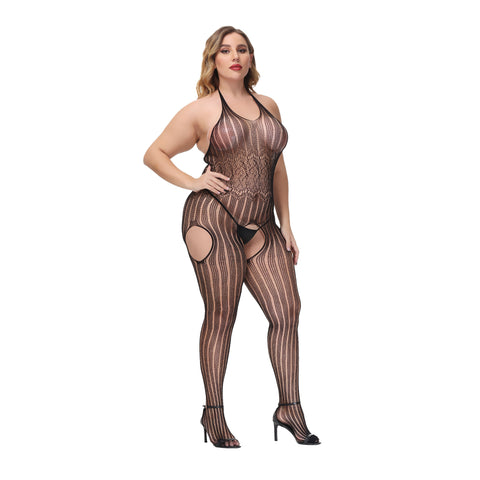 Sexy Fishnet Open Crotch Plus Size Nylon Full Body Stocking (JT1209B)
