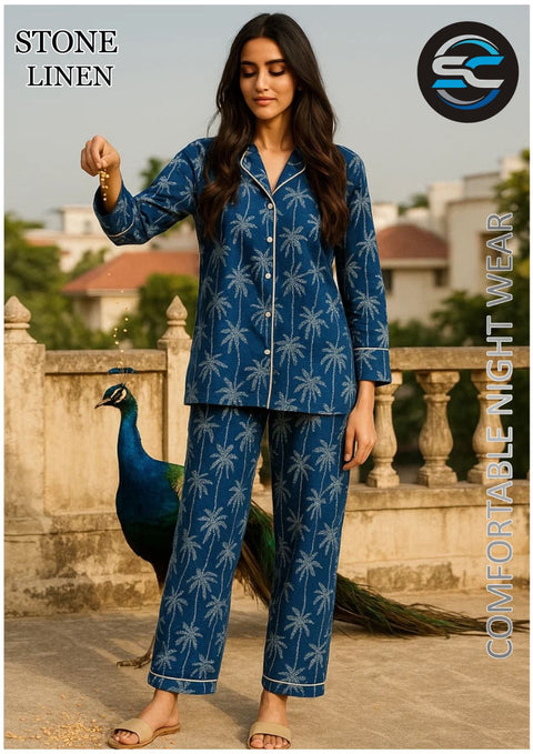 2 PCs Blue with White Palm Trees Pattern Night Dress