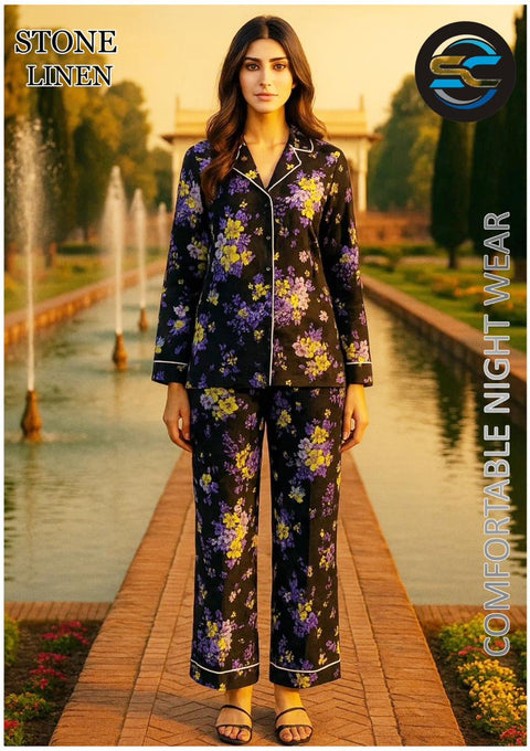 2 PCs Black and Purple Yellow Flowery Pattern Night Dress