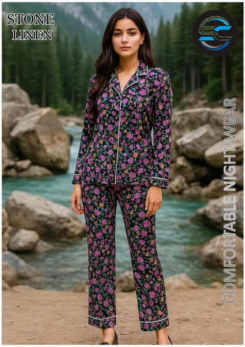 2 PCs Black, Purple and Orange Pattern Night Dress