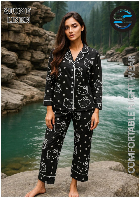 2 PCs Black & White Kitty Pattern Night Dress