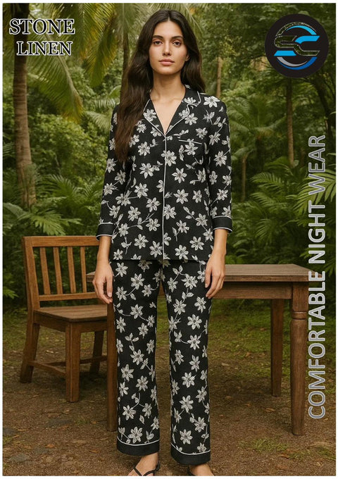 2 PCs Black & White Lilly Flower Pattern Night Dress