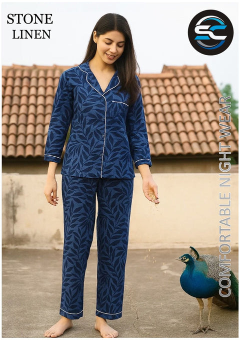 2 PCs Blue and Dark Blue Vine Pattern Night Dress