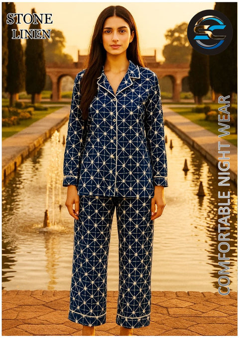 2 PCs Blue and White Geometric Pattern Night Dress