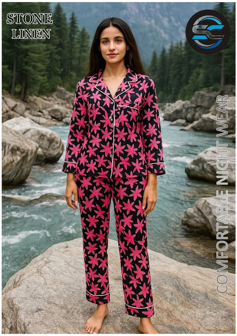 2 PCs Black and Pink Leaf Pattern Night Dress