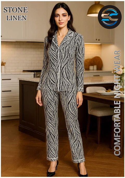 2 PCs Black and Silver Lining Pattern Night Dress