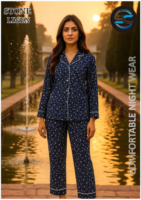 2 PCs Blue and Dark Pattern Night Dress