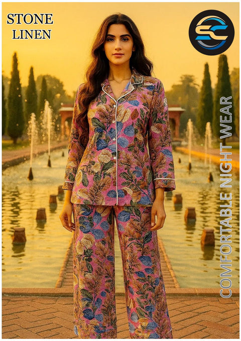 2 PCs Pink and Ferozi Leaf Pattern Night Dress