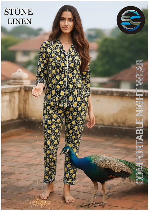 2 PCs Black and Yellow Flowery Pattern Night Dress