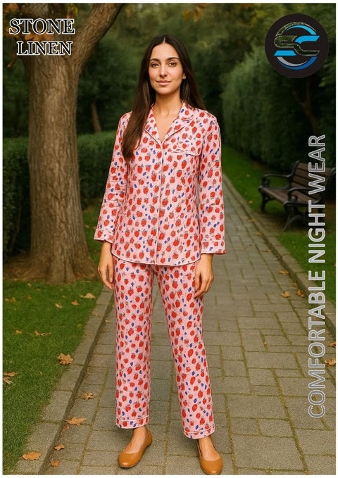 2 PCs Pink & Red Flowery Pattern Night Dress