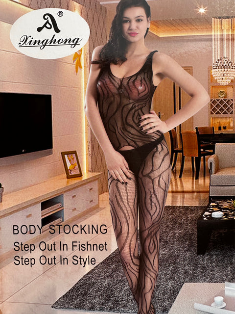 Sheer Fishnet Alluring Zebra Strips Pattern Full Body Stocking (010b)