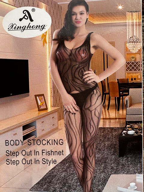 Sheer Fishnet Alluring Zebra Strips Pattern Full Body Stocking (010b)