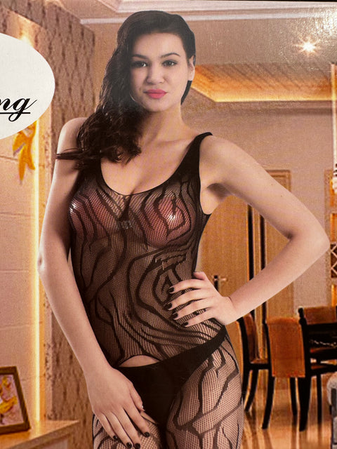 Sheer Fishnet Alluring Zebra Strips Pattern Full Body Stocking (010b)