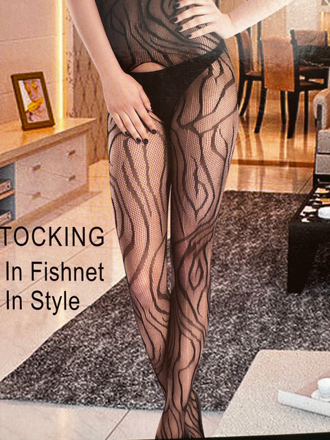 Sheer Fishnet Alluring Zebra Strips Pattern Full Body Stocking (010b)