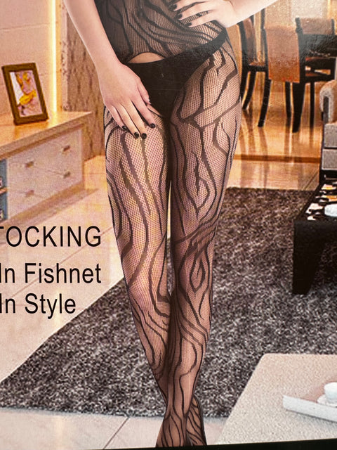 Sheer Fishnet Alluring Zebra Strips Pattern Full Body Stocking (010b)