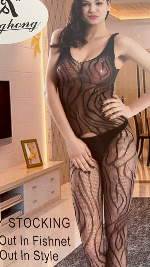 Sheer Fishnet Alluring Zebra Strips Pattern Full Body Stocking (010b)