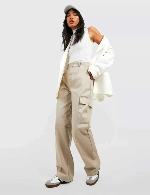 Light Beige High Waisted Cotton Cargo Trousers