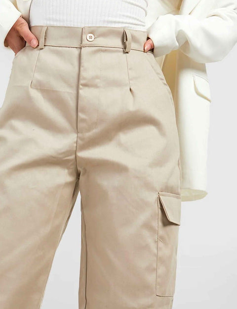 Light Beige High Waisted Cotton Cargo Trousers