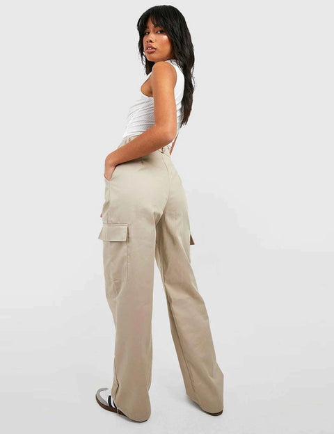 Light Beige High Waisted Cotton Cargo Trousers