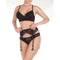 Losha Lace & Mesh Nylon Push up Bra With Garter Belt & Thong-Black