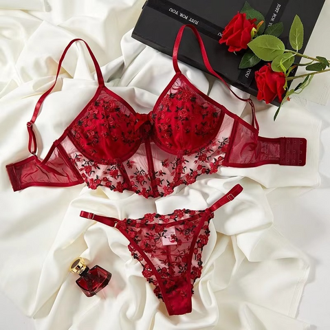 Floral Embroidered Mesh Fairy Bra and Pnrty Set