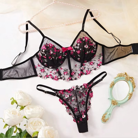 Floral Embroidered Mesh Fairy Bra and Pnrty Set