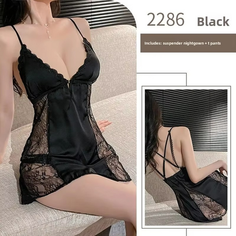 2PCs Silk Mesh V‑Neck Sleepwear Set