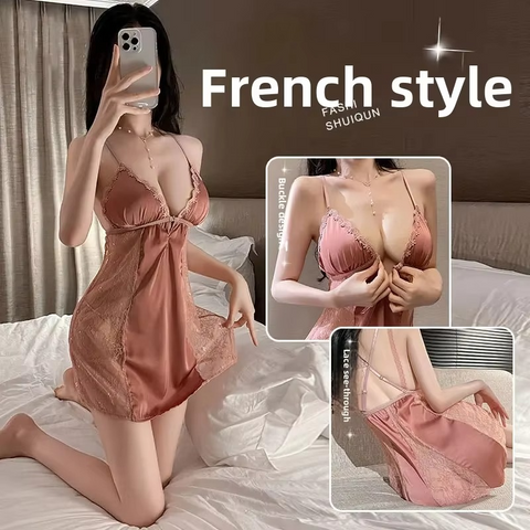 2PCs Silk Mesh V‑Neck Sleepwear Set