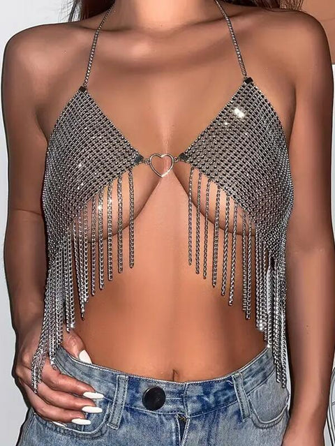 Sexy Net Diamond Tassel Heart Shaped Body Chain