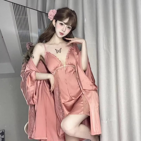 2PCs Silk Mesh V‑Neck Sleepwear Set