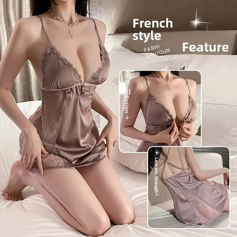 2PCs Silk Mesh V‑Neck Sleepwear Set