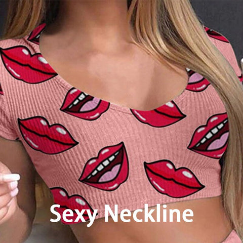 2pcs Summer Short Sexy Casual Lips Print Sleepwear