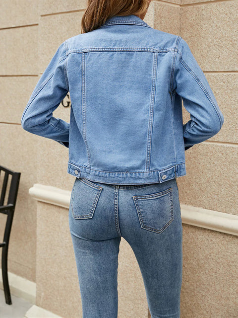 Women Long Sleeve Button Down Chest Pocket Jean Denim Jacket