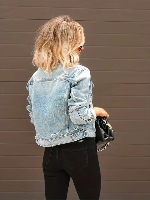 Ripped Button Closure Distressed Flap Pockets Denim Jacket