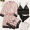 4 Pieces Women Pajamas Set with Robe Lace Sleepwear