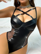 PU Cross New Tie Mesh Leather Splicing Tight One Piece Pure Color Women Nighty