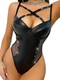PU Cross New Tie Mesh Leather Splicing Tight One Piece Pure Color Women Nighty