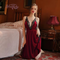 Velvet Open Back Nightgown with Lace Slit Nightdress for Women