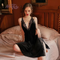 Velvet Open Back Nightgown with Lace Slit Nightdress for Women