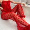 Women 2 Pcs Heart Print Mesh Floral Appliques Top and Pants Sleepwear Set