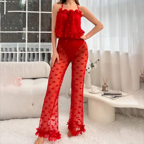 Women 2 Pcs Heart Print Mesh Floral Appliques Top and Pants Sleepwear Set