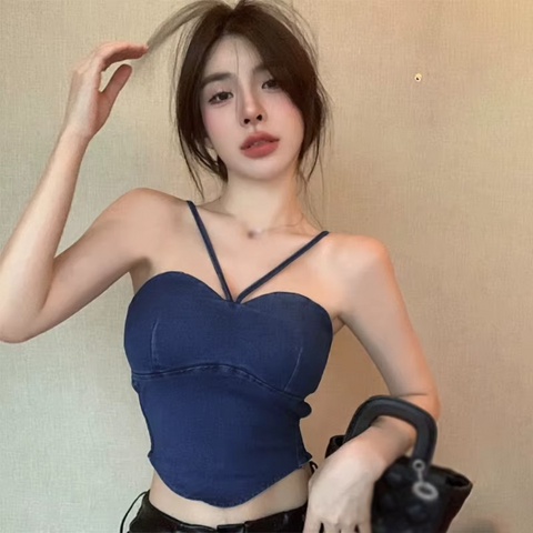 Women’s Denim Camisole Slim Tank Top with Built-in Bra