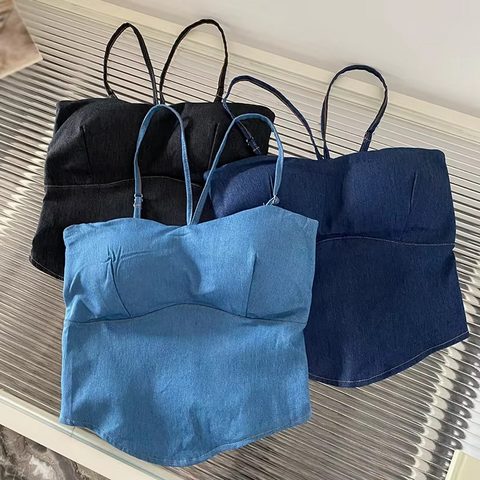 Women’s Denim Camisole Slim Tank Top with Built-in Bra