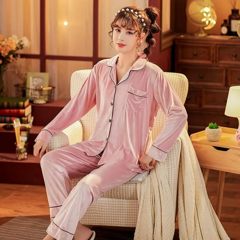 2 Pcs Solid Color Winter Velvet Night Suit