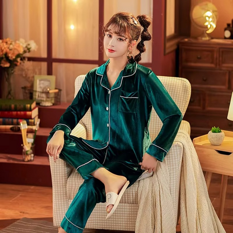 2 Pcs Solid Color Winter Velvet Night Suit