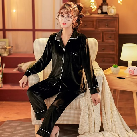 2 Pcs Solid Color Winter Velvet Night Suit
