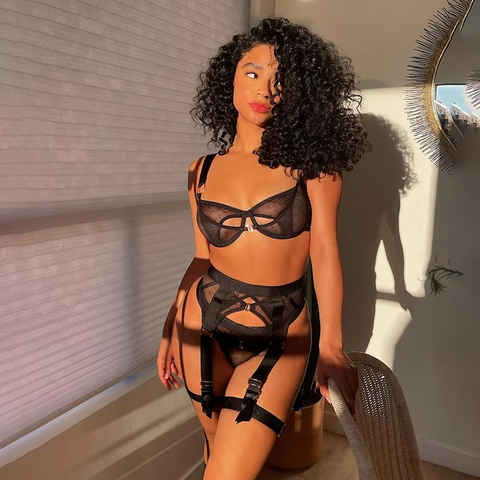 3 PCs Polka Dot Bra Bandage Black Sexy Thong Underwear and Panty