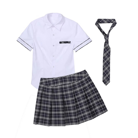 Adult Women Cosplay Uniform School Girl Outfit Party Shirt with Mini Plaid Skirt Tie