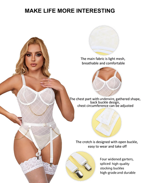 Women's Open Crotch Breathable Mesh Underwire with Garter Belt