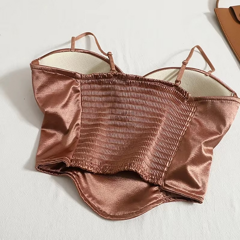 Solid Pleated Satin Crop Top with Padded Bra
